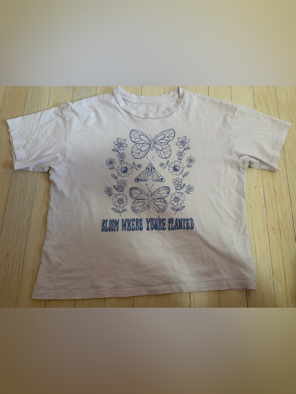 American Eagle Butterfly Floral Graphic Tee - Lavender with Blue Print